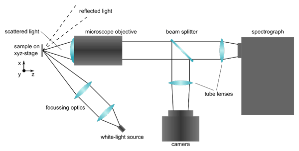 Schematische Abbildung eines Setups für die automatische Aufnahme von Dunkelfeld-Spektren einzelner Nanostrukturen 