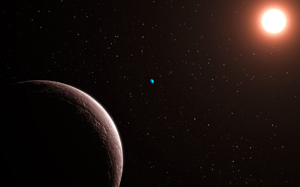 Extrasolar planet system around the star Gliese 581e (artistic depiction). Credit:ESO/L. Calçada