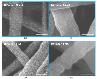 Abb.2: Vergleich von 2 nm dicken Goldschichten gesputtert bei einem Kammerdruck von 10-4 mbar (a, c), bzw. 10-7 mbar (b, d) und Sputterstrom von 20 mA (a, b), bzw. 1 mA (c, d). (Skalenbalken: 100 nm) 