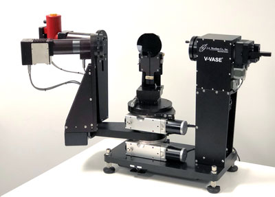 Fig. 1: J.A. Woollam VASE ellipsometer with UV-VIS option and MIR detector. The liquid nitrogen-cooled InSb detector unit are depicted in red. The combination of a 4-grating monochromator with a UV-VIS-detector allow measurements over a spectral range of 