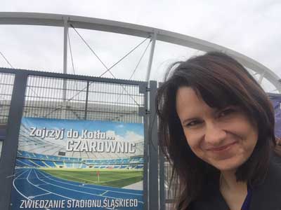 In front of the stadion Śląski (Silesian Stadium).  It was a national stadium in the past. Nowadays it is used for international football games and events like world championships, large music concerts and so on 