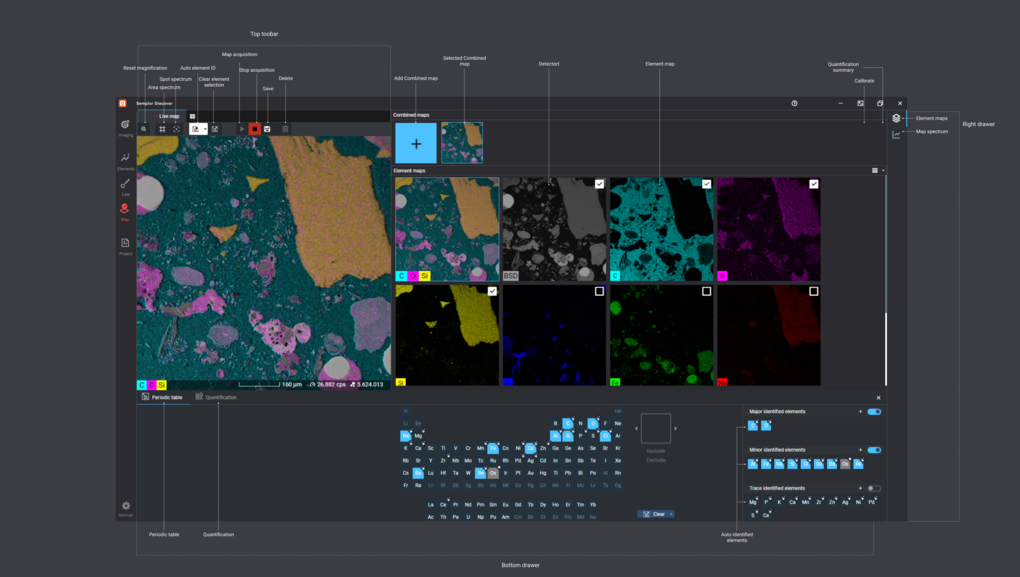 07-semplor-onyx-eds-element-mapping Discover EDS Benutzeroberfläche mit Element-Mappings einer Probe