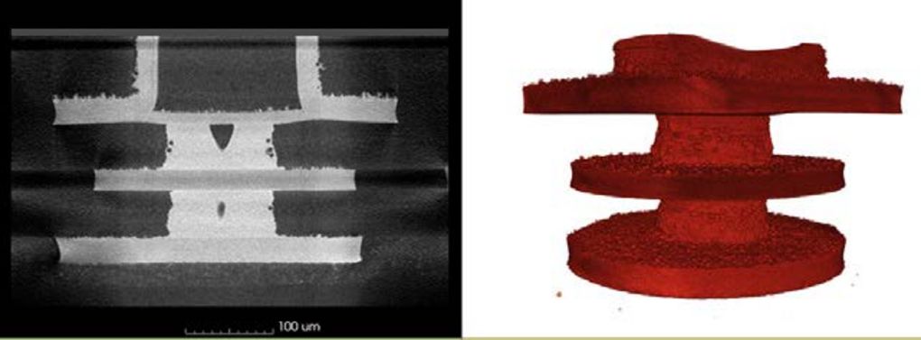 Side-by-side: X-ray slice and 3D reconstruction of a stacked interconnect, scale 100 µm