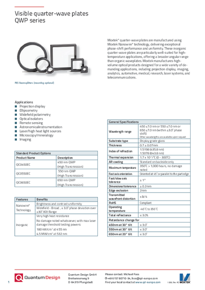 Visible quarter wave plate QWP series