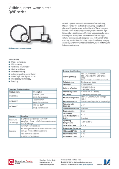 Visible quarter wave plate QWP series