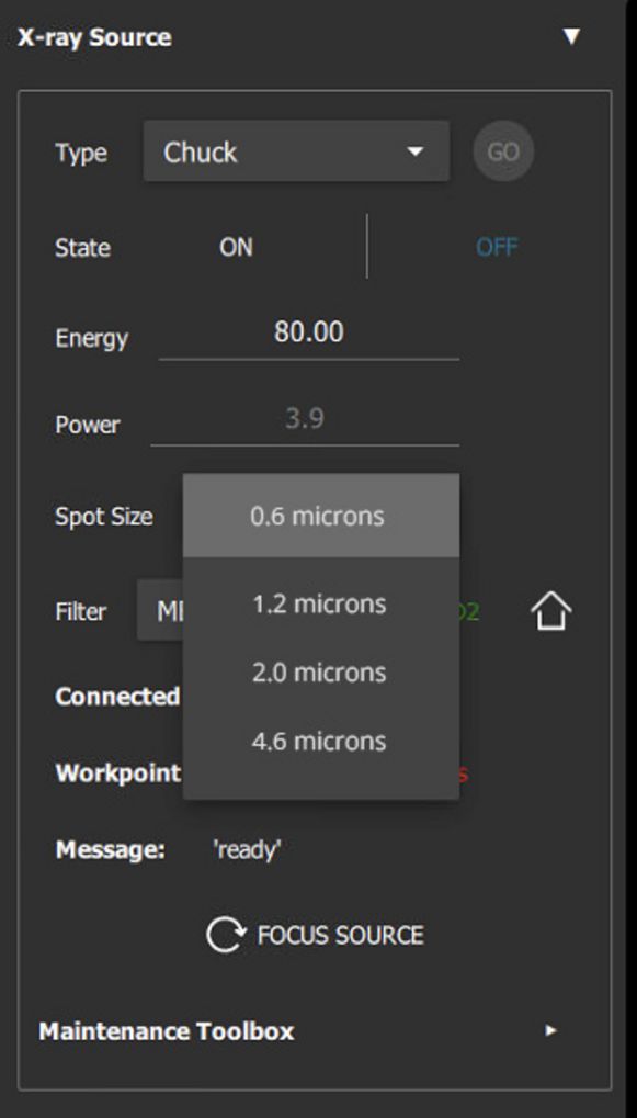 X-ray source control UI showing selectable spot sizes for calibrated imaging